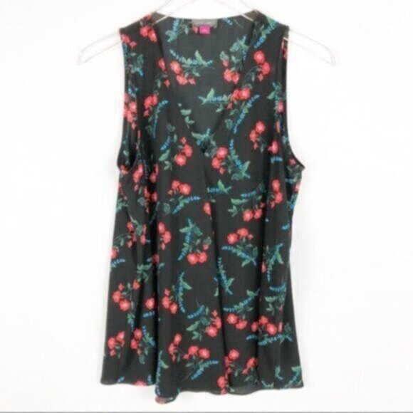 Vince Camuto | Women's Black Floral Print & V-Neckline Tank Blouse Size Small - Picture 1 of 5